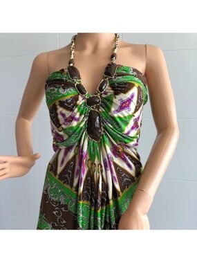 RARE Y2K Sky Gold Necklace halter top with green and brown pattern Small EUC